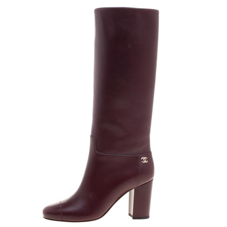 Chanel Burgundy Leather CC Block Heel Tall Boots Size 36.5 Chanel