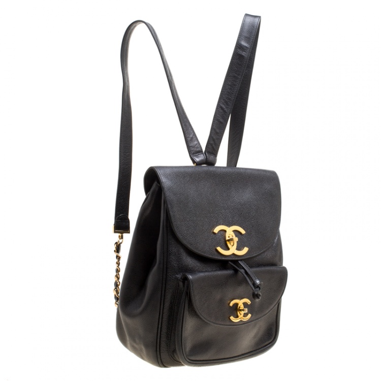 Pre Owned Chanel Black Caviar Leather Vintage CC Drawstring Backpack