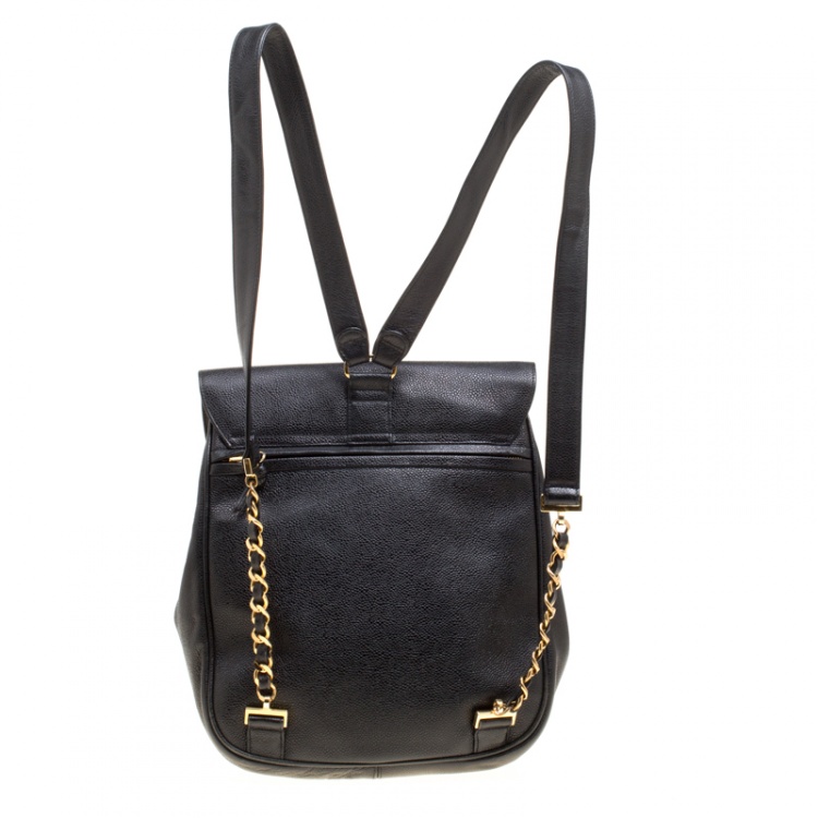 Pre Owned Chanel Black Caviar Leather Vintage CC Drawstring Backpack