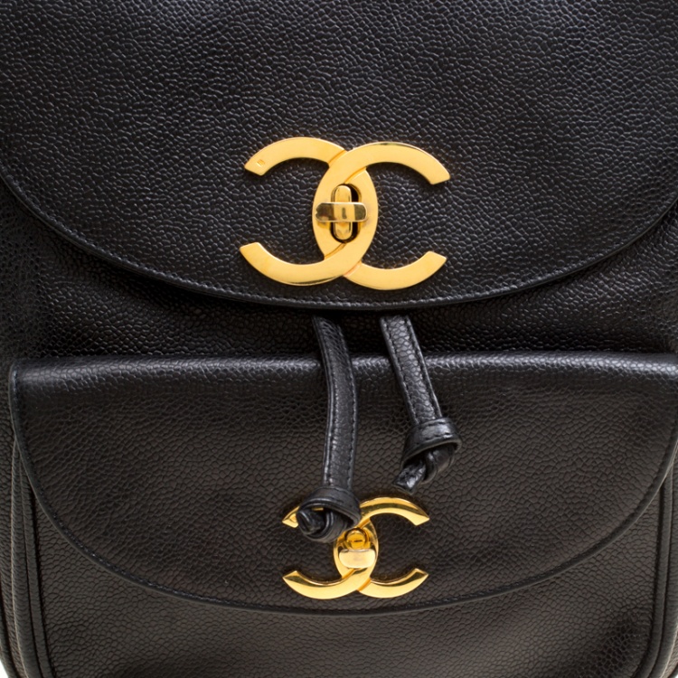 Pre Owned Chanel Black Caviar Leather Vintage CC Drawstring Backpack