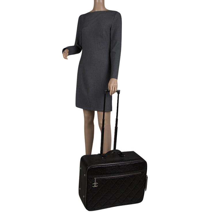 Pre Owned Chanel Black Quilted Glossy Coated Canvas Carry On Luggage