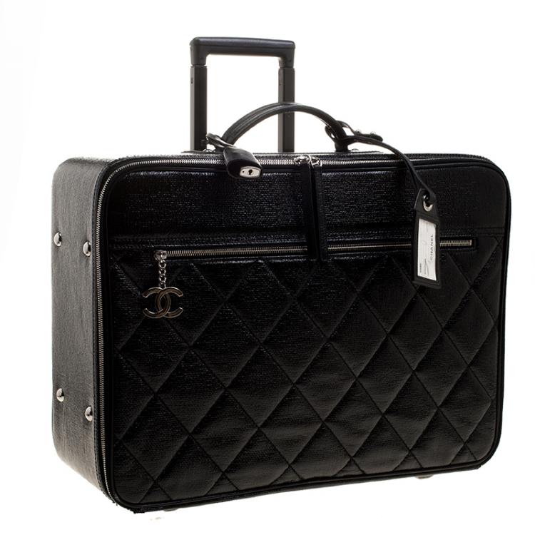 Pre Owned Chanel Black Quilted Glossy Coated Canvas Carry On Luggage