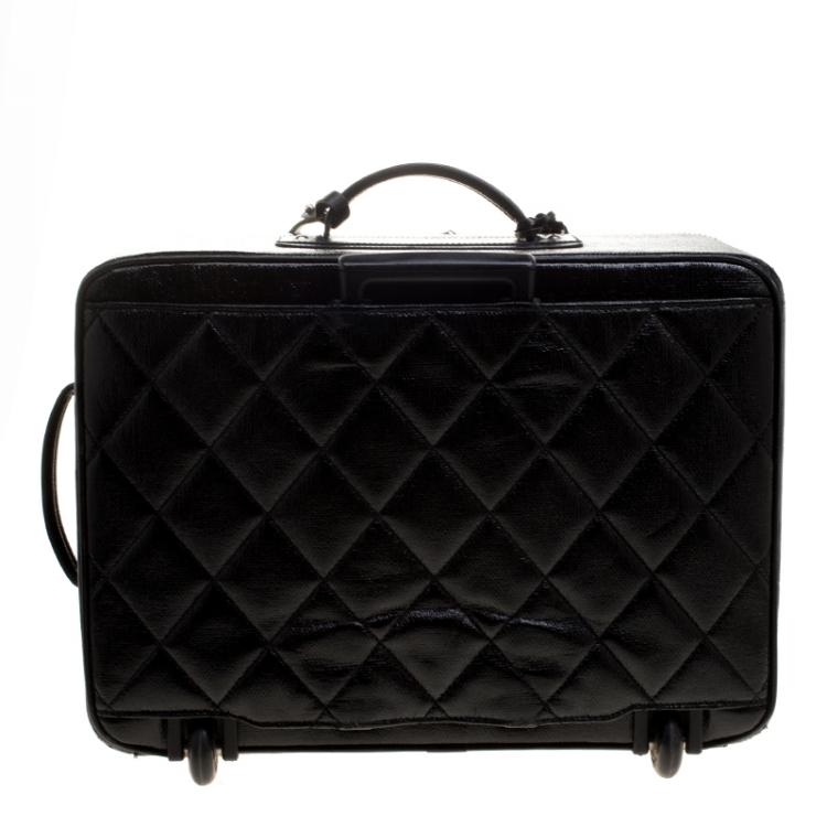 Pre Owned Chanel Black Quilted Glossy Coated Canvas Carry On Luggage