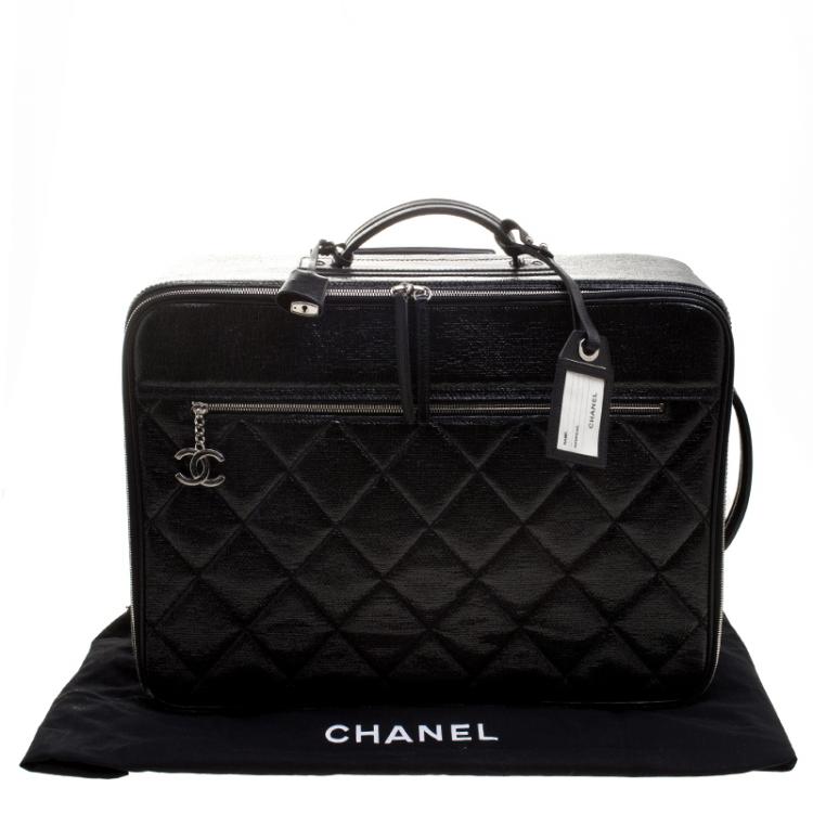 Pre Owned Chanel Black Quilted Glossy Coated Canvas Carry On Luggage
