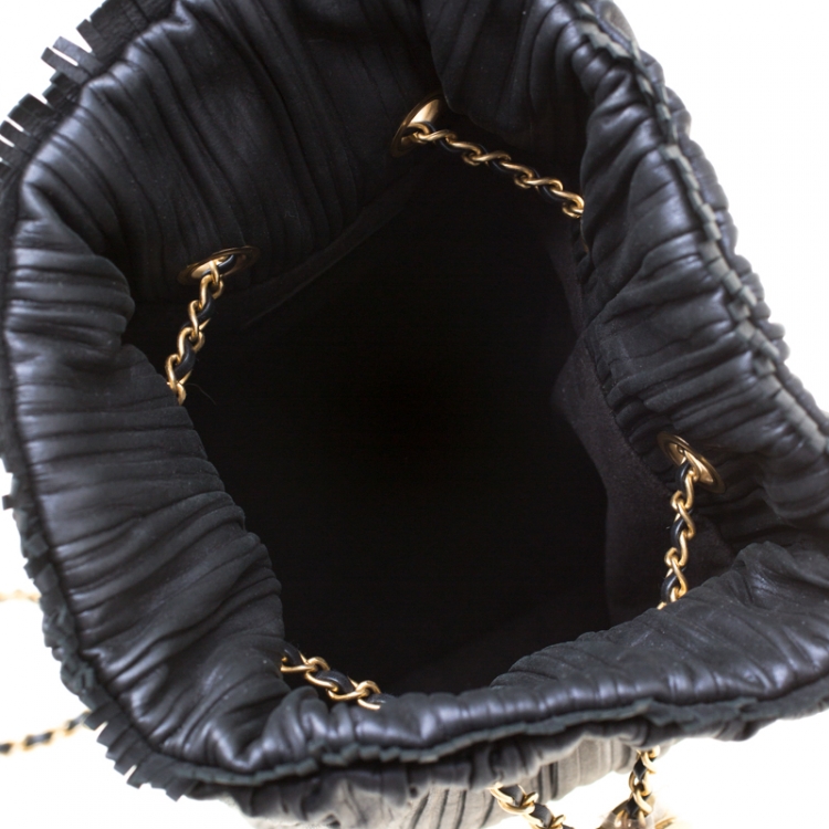 Pre Owned Chanel Black Pleats Leather CC Drawstring Backpack