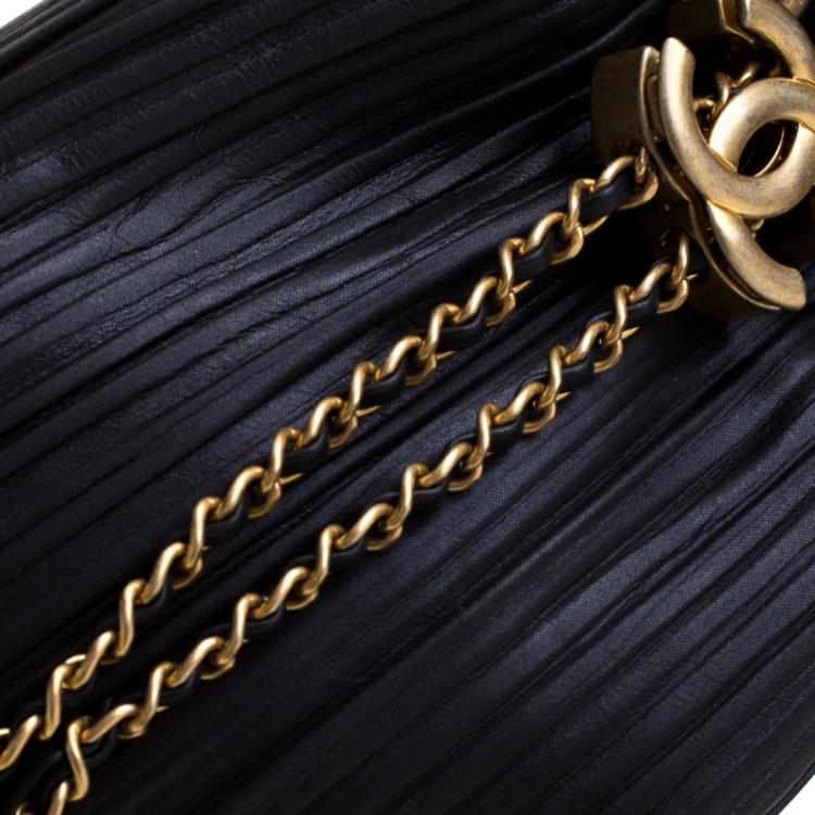 Pre Owned Chanel Black Pleats Leather CC Drawstring Backpack