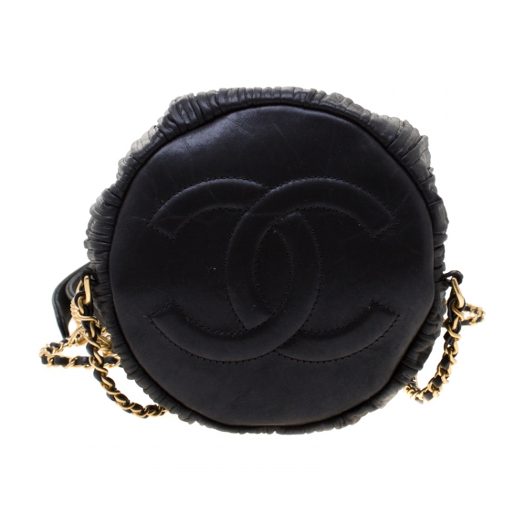 Pre Owned Chanel Black Pleats Leather CC Drawstring Backpack