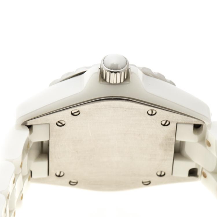 Pre Owned Chanel White Ceramic Stainless Steel Diamond J12 Women's Wristwatch 33 mm