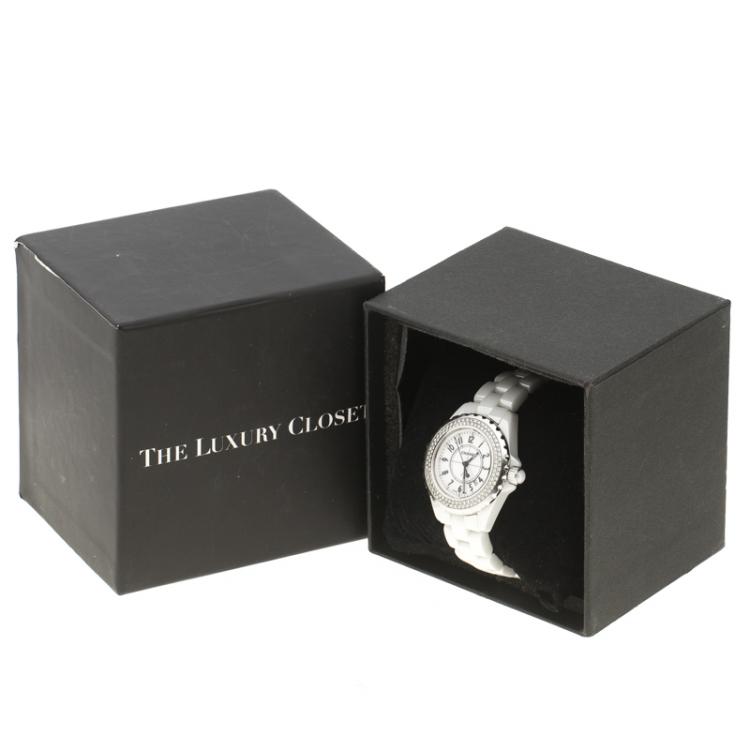 Pre Owned Chanel White Ceramic Stainless Steel Diamond J12 Women's Wristwatch 33 mm