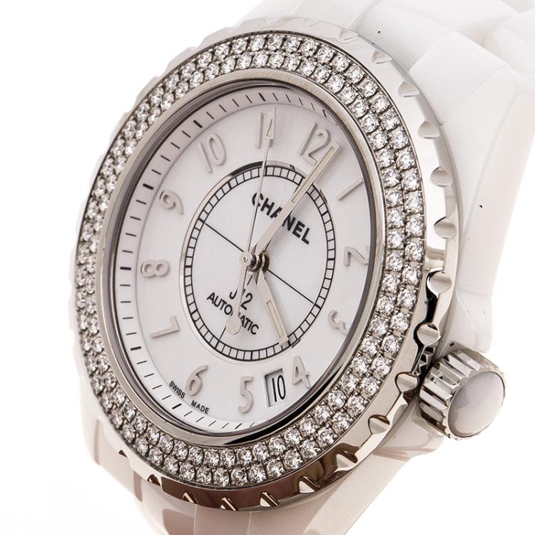 Chanel White Ceramic Stainless Steel Diamond J12 Women's Wristwatch 38 mm  Chanel