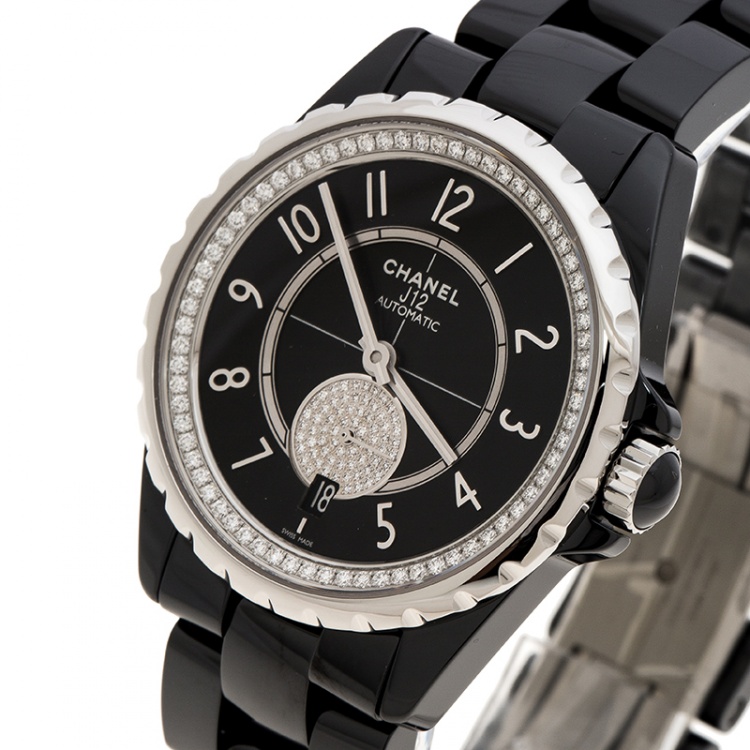 Chanel Black Ceramic and Stainless Steel Diamonds J12-365 H3840 Women's  Wristwatch 36 mm Chanel