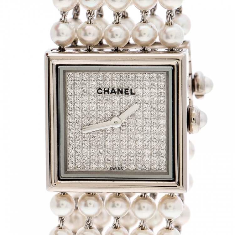 Pre Owned Chanel Cultured Pearl Diamond & 18k White Gold Mademoiselle H 1434 Women's Wristwatch 23MM