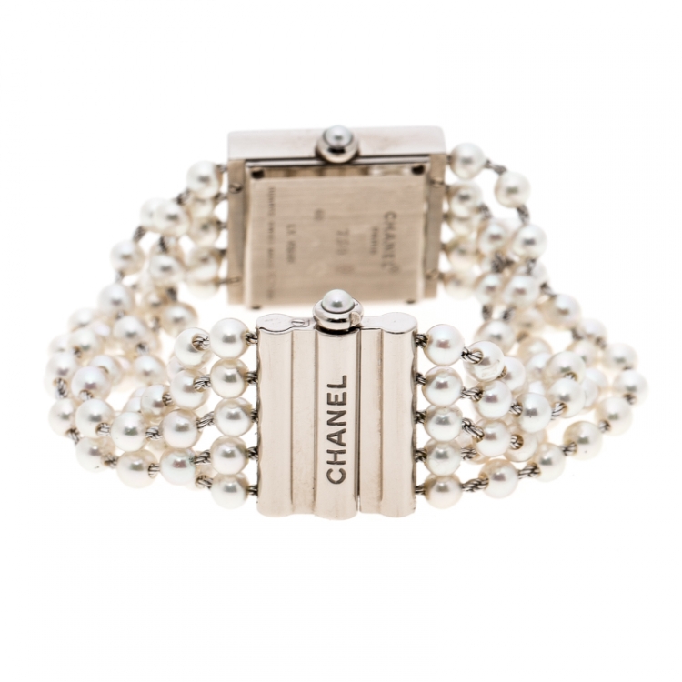 Pre Owned Chanel Cultured Pearl Diamond & 18k White Gold Mademoiselle H 1434 Women's Wristwatch 23MM