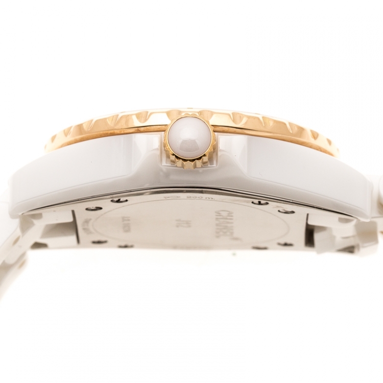 Pre Owned Chanel White Ceramic Gold Plated Steel Diamonds J12 H2181 Women's Wristwatch 33 mm