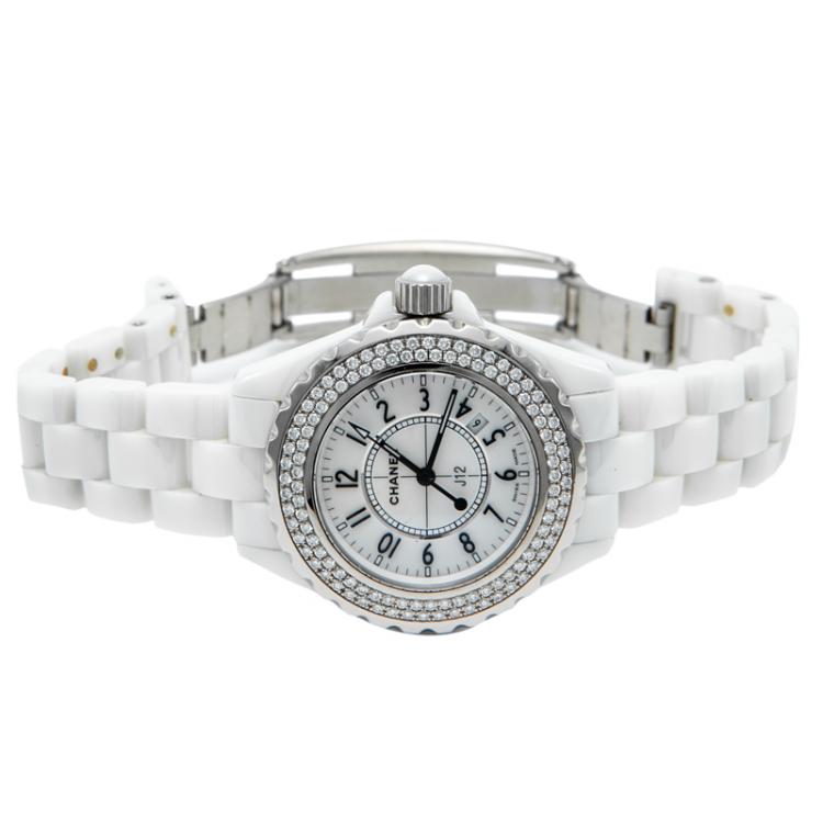 Pre Owned Chanel White Ceramic J12 Diamond Bezel Women's Watch 33MM