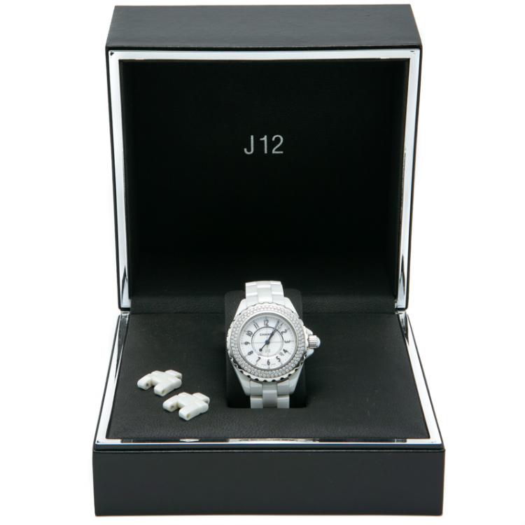 Pre Owned Chanel White Ceramic J12 Diamond Bezel Women's Watch 33MM