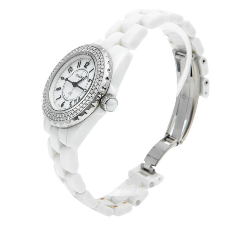 Pre Owned Chanel White Ceramic J12 Diamond Bezel Women's Watch 33MM