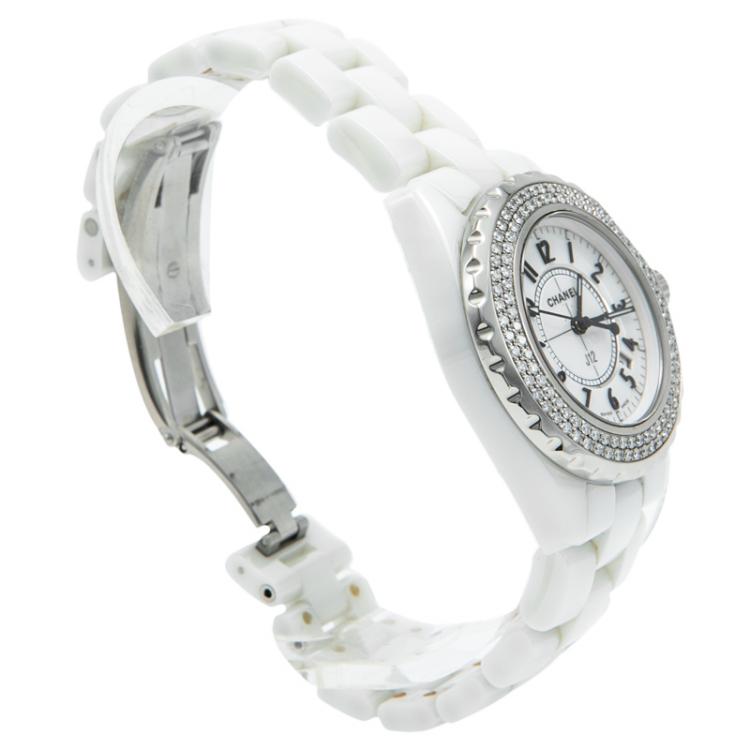 Pre Owned Chanel White Ceramic J12 Diamond Bezel Women's Watch 33MM