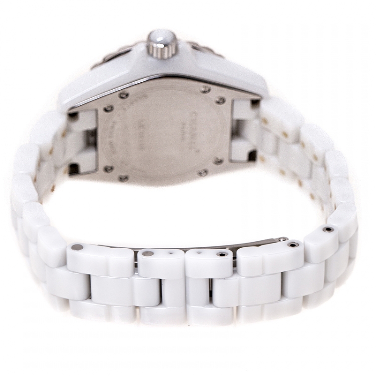 Pre Owned Chanel White Stainless Steel Ceramic Diamonds J12 Women's Wristwatch 33 mm