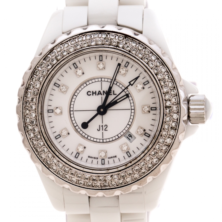 Pre Owned Chanel White Stainless Steel Ceramic Diamonds J12 Women's Wristwatch 33 mm