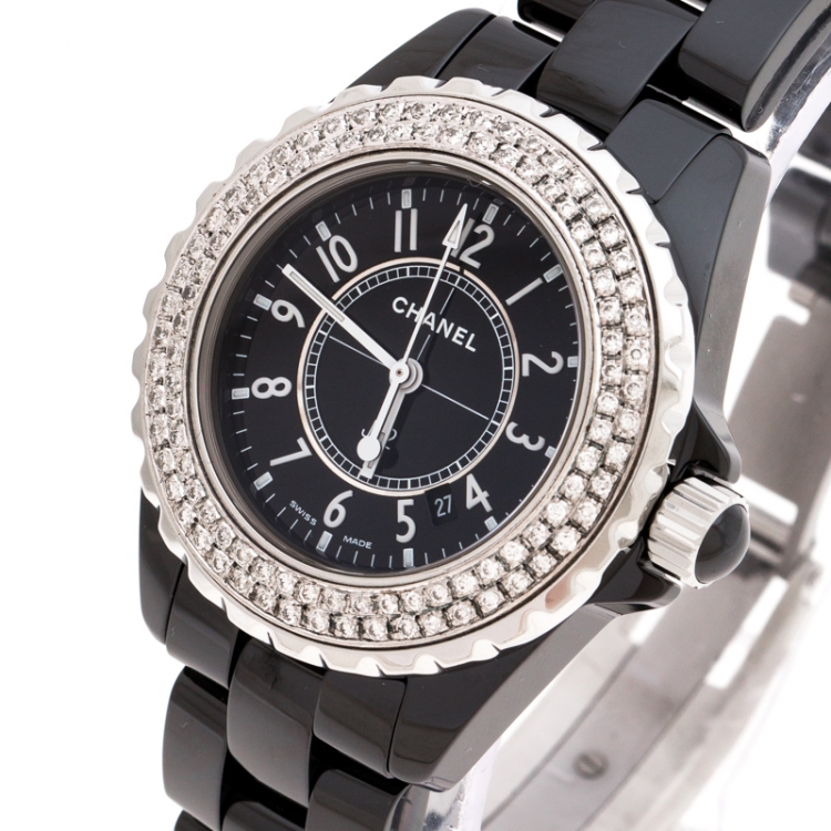 Chanel Black Ceramic Stainless Steel Diamonds J12 Women's Wristwatch 34 mm  Chanel