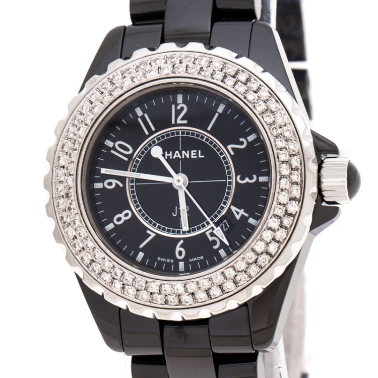 Pre Owned Chanel Black Ceramic Stainless Steel Diamonds J12 Women's Wristwatch 34 mm