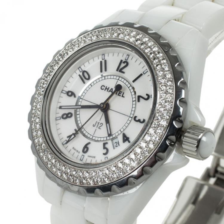 Pre Owned Chanel J 12 White Ceramic Diamonds Womens Wristwatch 33 MM 