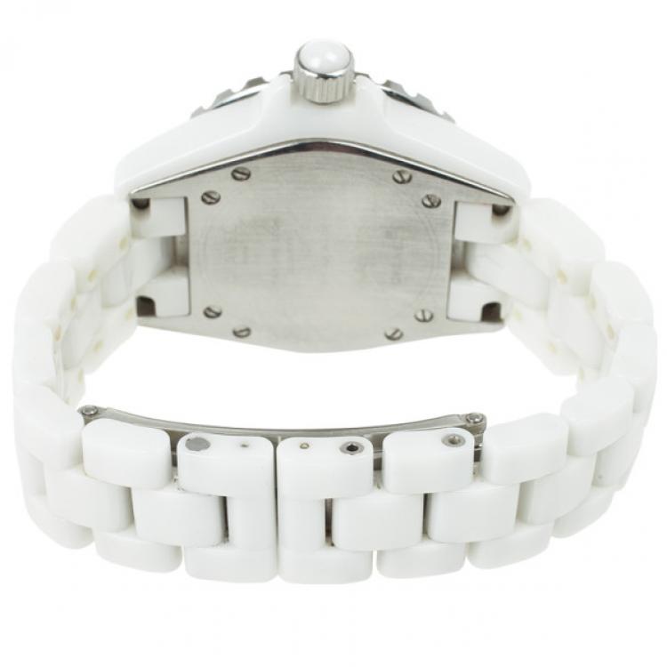 Pre Owned Chanel J 12 White Ceramic Diamonds Womens Wristwatch 33 MM 