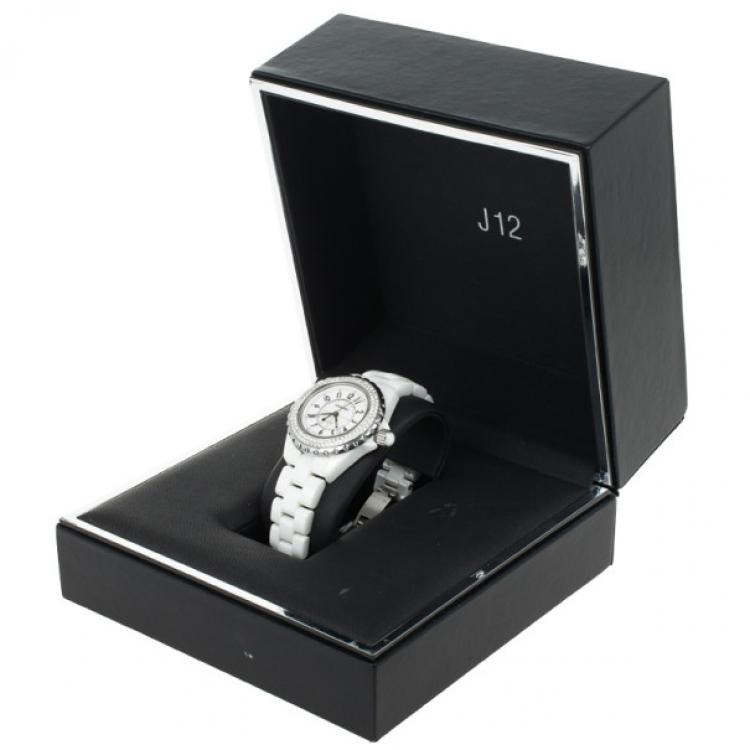 Pre Owned Chanel J 12 White Ceramic Diamonds Womens Wristwatch 33 MM 