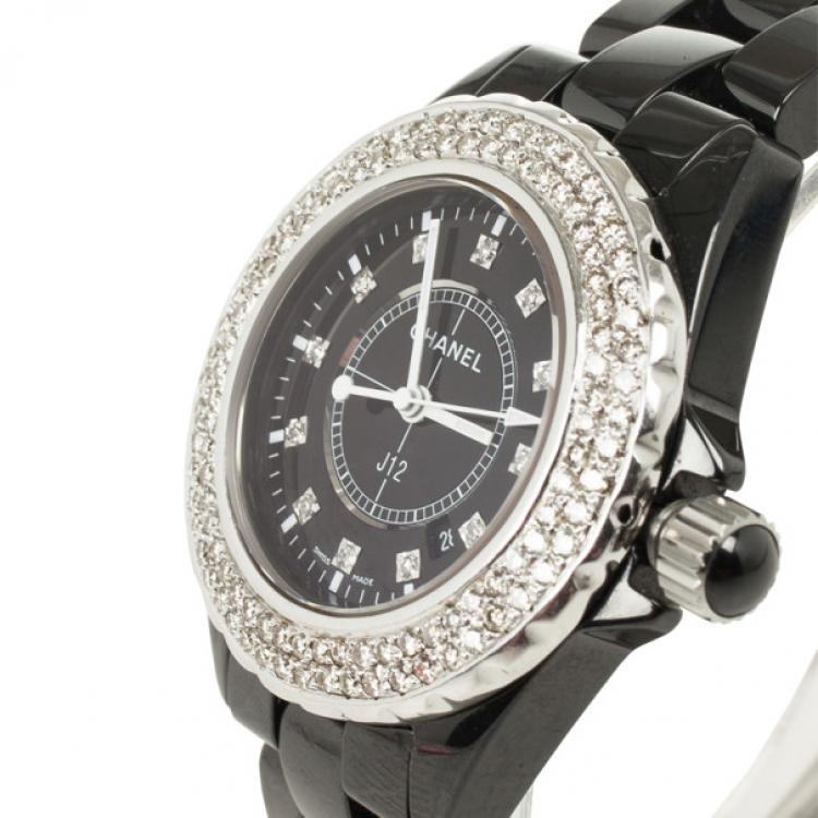 Pre Owned Chanel J 12 SS Ceramic Diamond Bezel Womens Wristwatch 33 MM