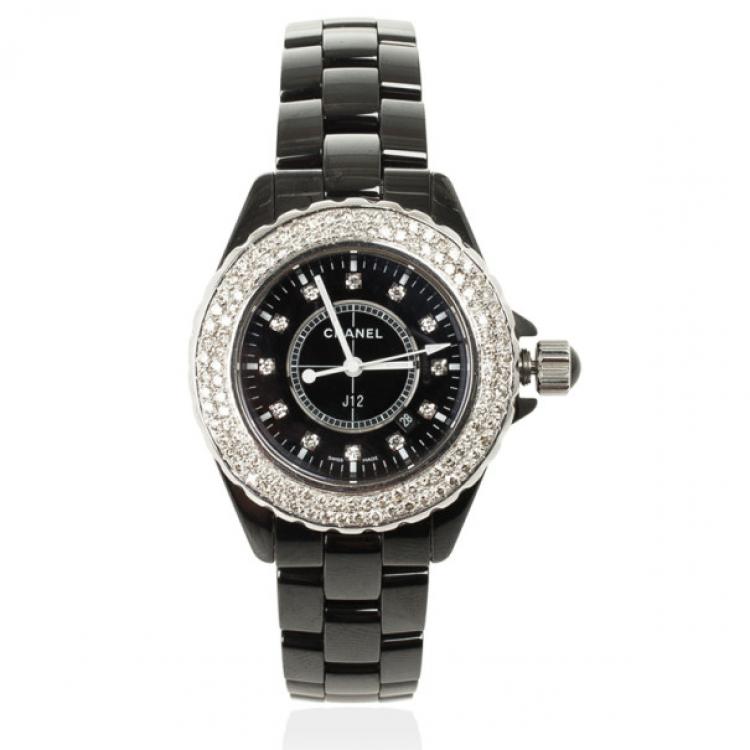 Pre Owned Chanel J 12 SS Ceramic Diamond Bezel Womens Wristwatch 33 MM