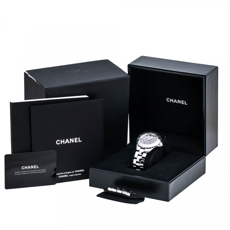 Pre Owned Chanel Grey Ceramic Stainless Steel Diamond J12 H3242 Women's Wristwatch 38 mm