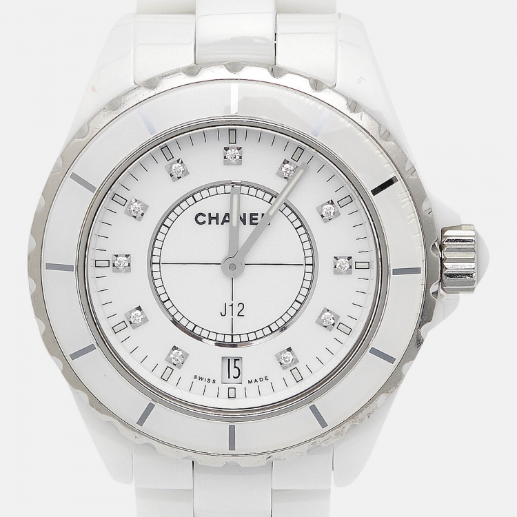 Pre Owned Chanel White Diamond Ceramic Stainless Steel  J12 H2125 Women's Wristwatch 38 mm 