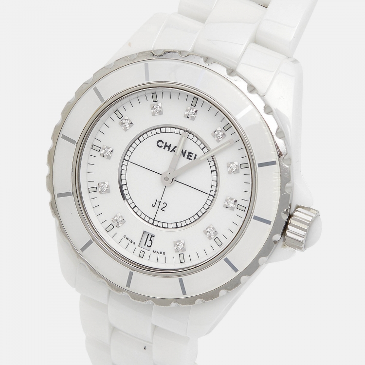 Pre Owned Chanel White Diamond Ceramic Stainless Steel  J12 H2125 Women's Wristwatch 38 mm 