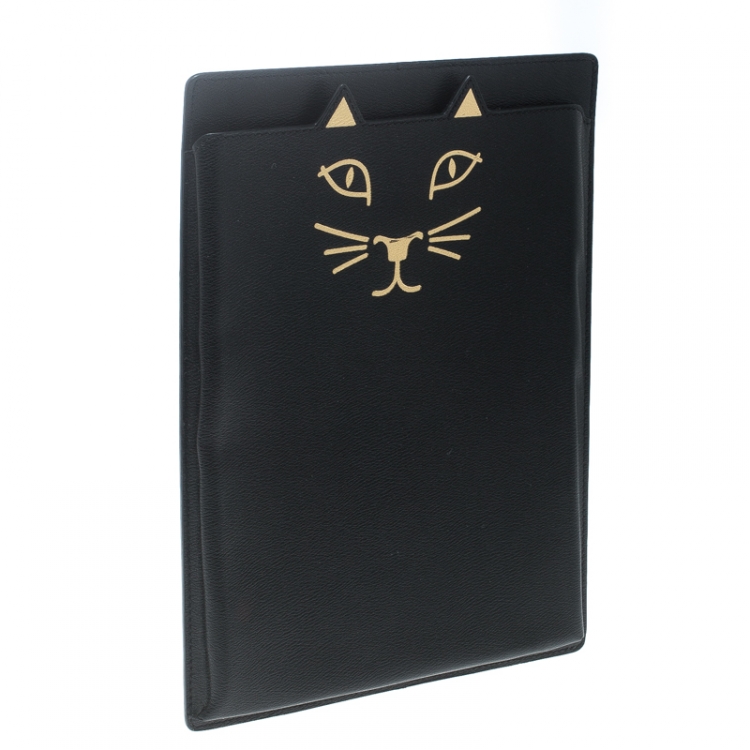 Pre Owned Charlotte Olympia Black Leather Feline iPad Case