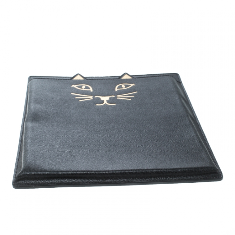 Pre Owned Charlotte Olympia Black Leather Feline iPad Case