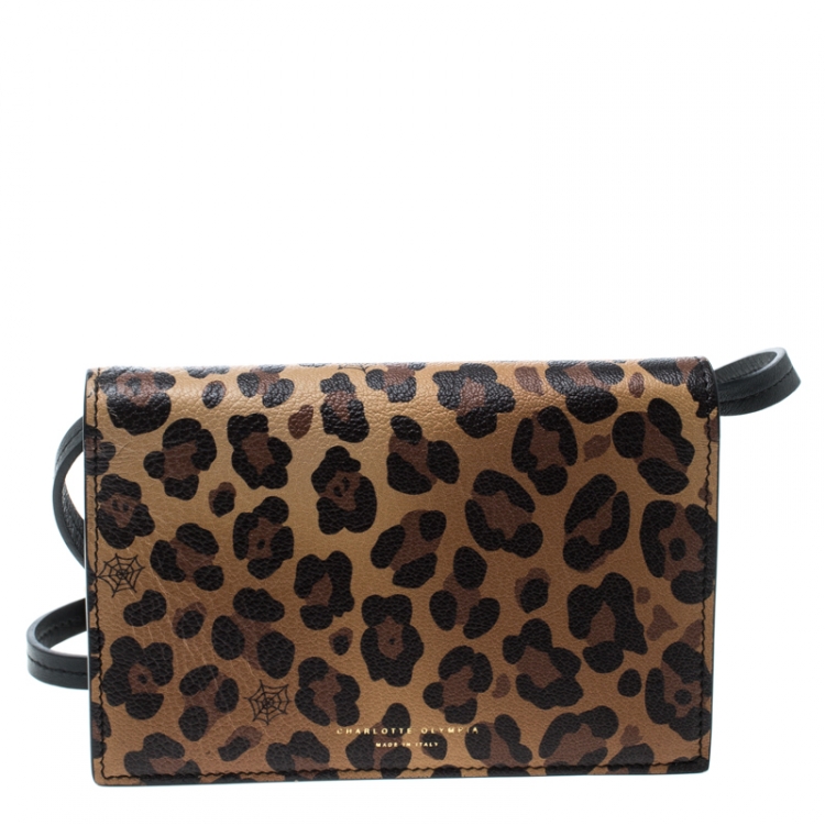 Pre Owned Charlotte Olympia Brown Leopard Print Leather Feline Purse Shoulder Bag
