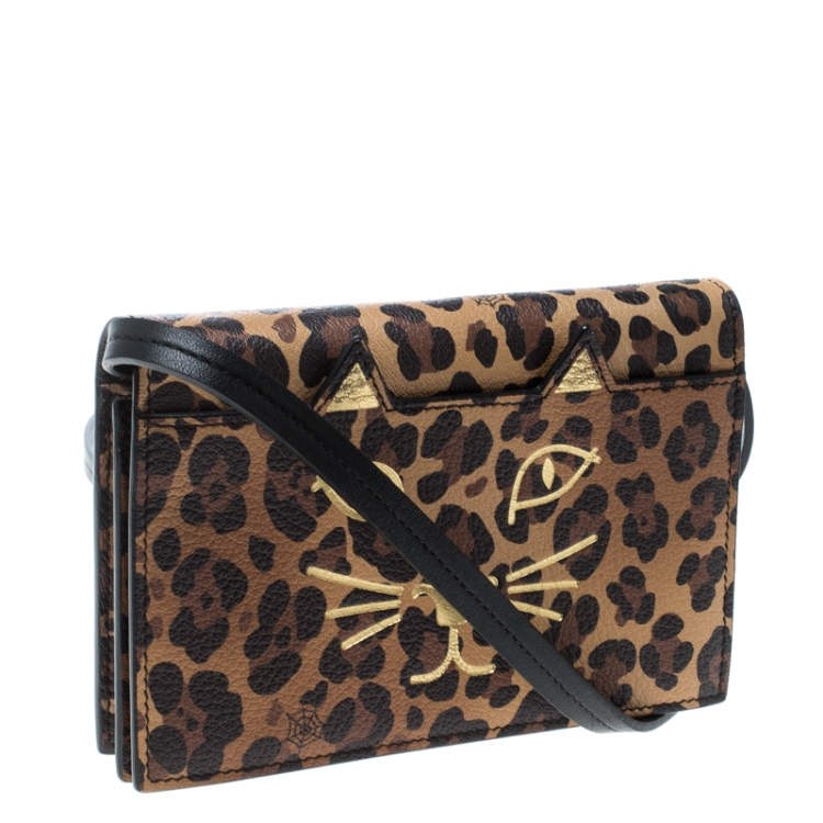 Pre Owned Charlotte Olympia Brown Leopard Print Leather Feline Purse Shoulder Bag
