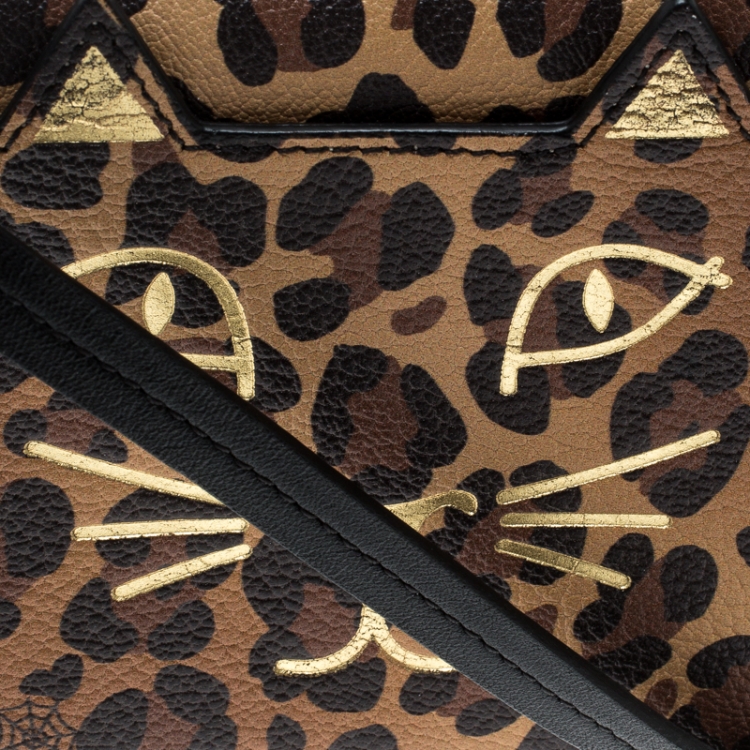 Pre Owned Charlotte Olympia Brown Leopard Print Leather Feline Purse Shoulder Bag