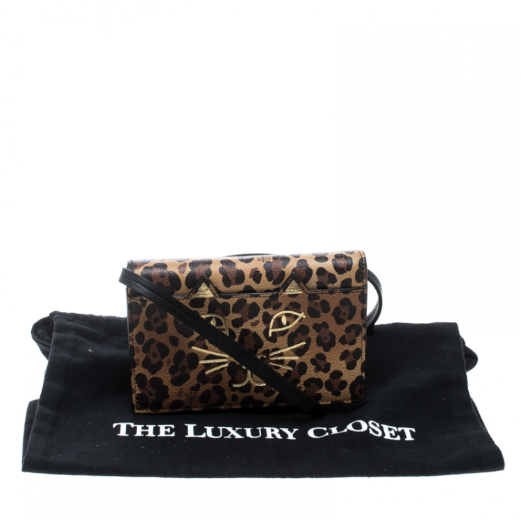 Pre Owned Charlotte Olympia Brown Leopard Print Leather Feline Purse Shoulder Bag