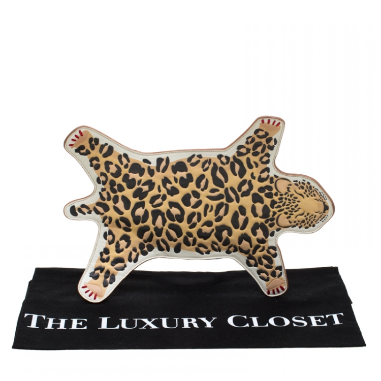 Pre Owned Charlotte Olympia Brown/Leopard Print Leather Out of Africa Clutch