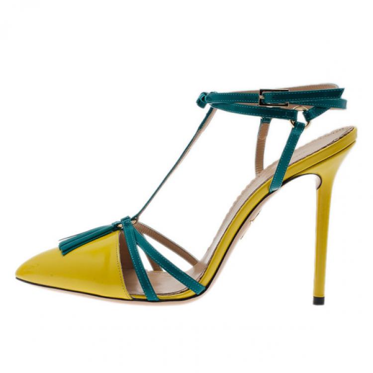 Pre Owned Charlotte Olympia Neon Patent Trixie T-Strap Sandals Size 40