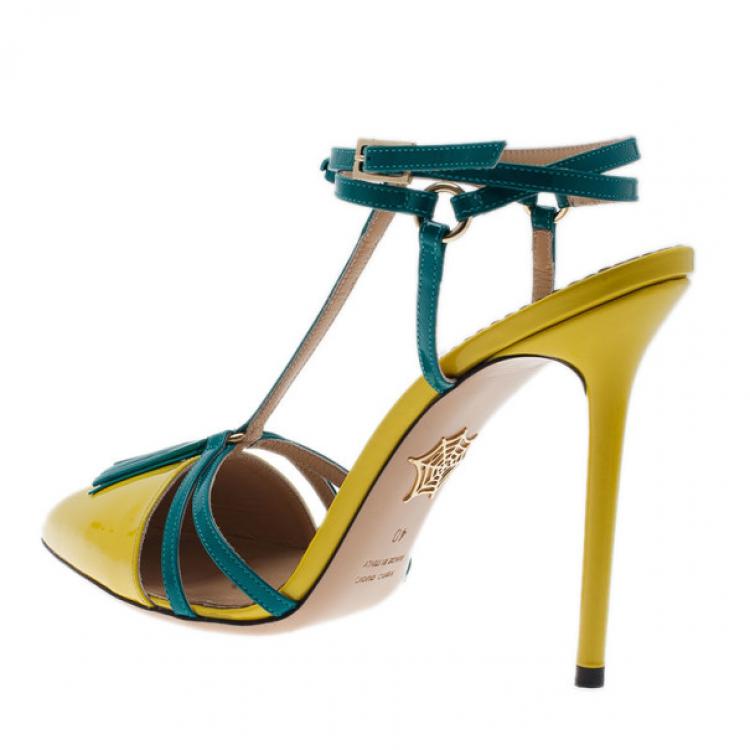 Pre Owned Charlotte Olympia Neon Patent Trixie T-Strap Sandals Size 40