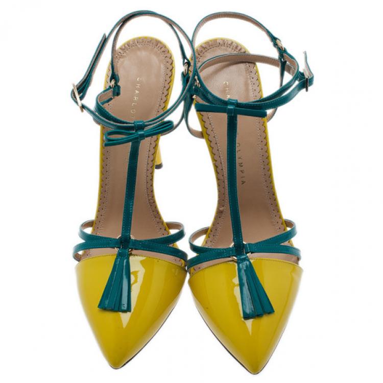 Pre Owned Charlotte Olympia Neon Patent Trixie T-Strap Sandals Size 40