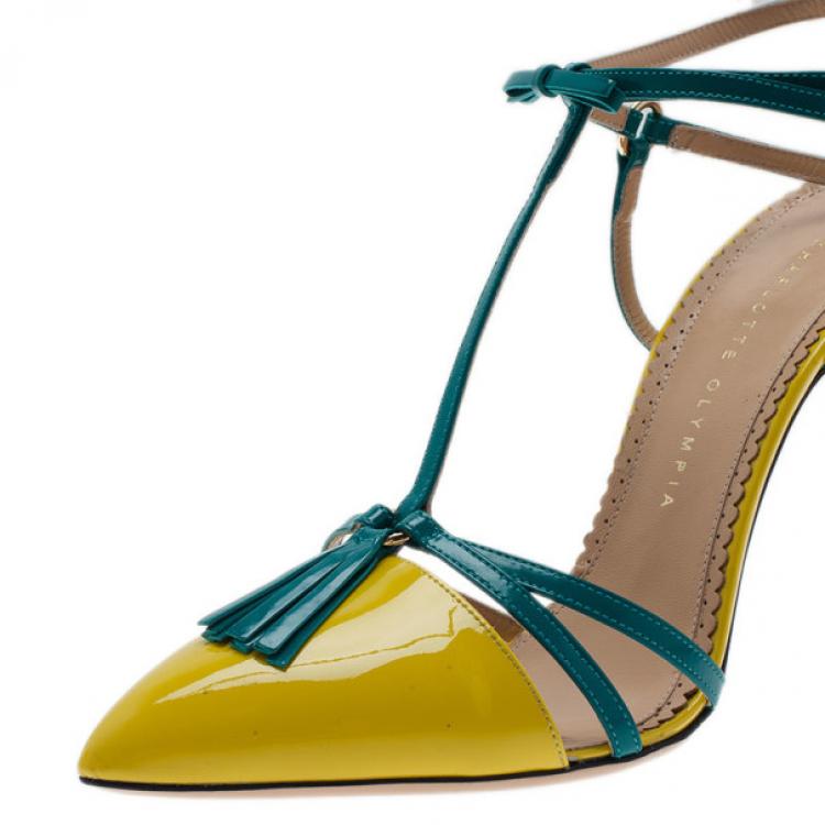 Pre Owned Charlotte Olympia Neon Patent Trixie T-Strap Sandals Size 40