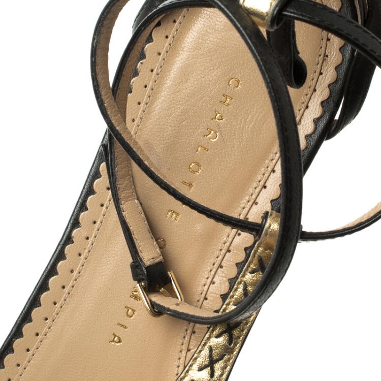 مملوكة مسبقًا Charlotte Olympia Black and Gold Leather Parisienne Flat Sandals Size 39