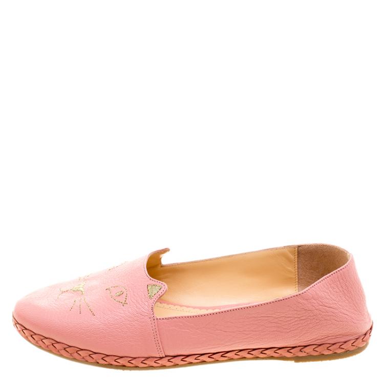 Pre Owned Charlotte Olympia Pink Leather Capri Cat Espadrille Loafers Size 38.5