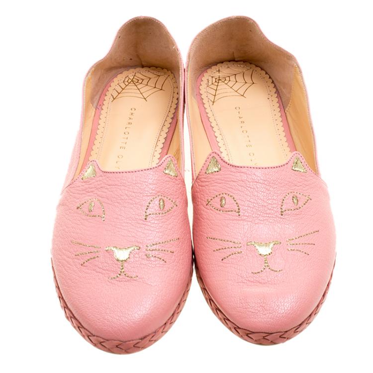 Pre Owned Charlotte Olympia Pink Leather Capri Cat Espadrille Loafers Size 38.5