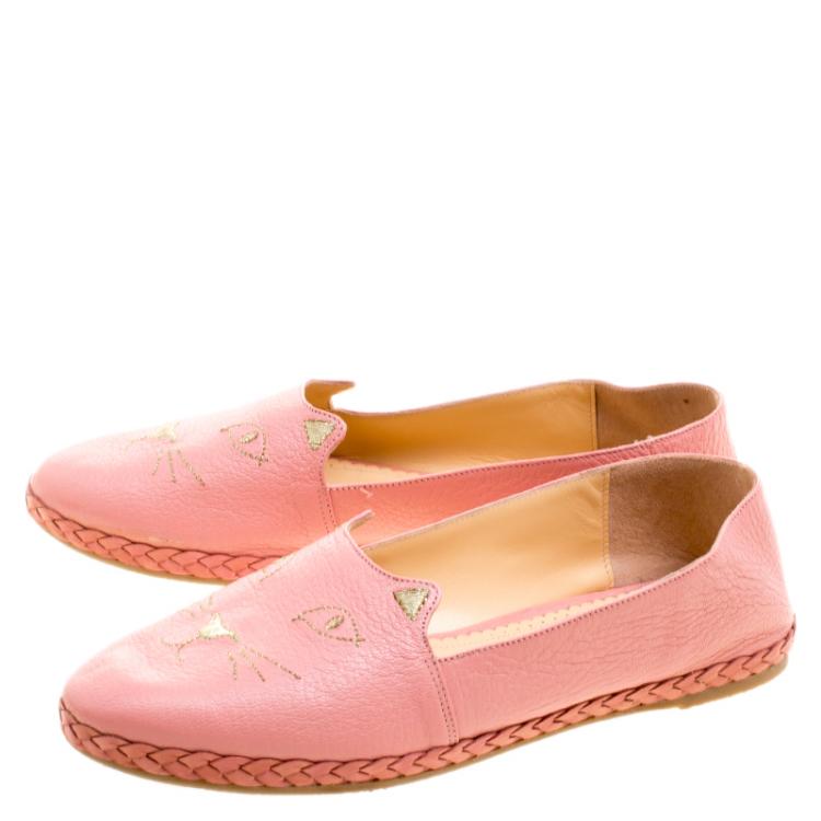 Pre Owned Charlotte Olympia Pink Leather Capri Cat Espadrille Loafers Size 38.5