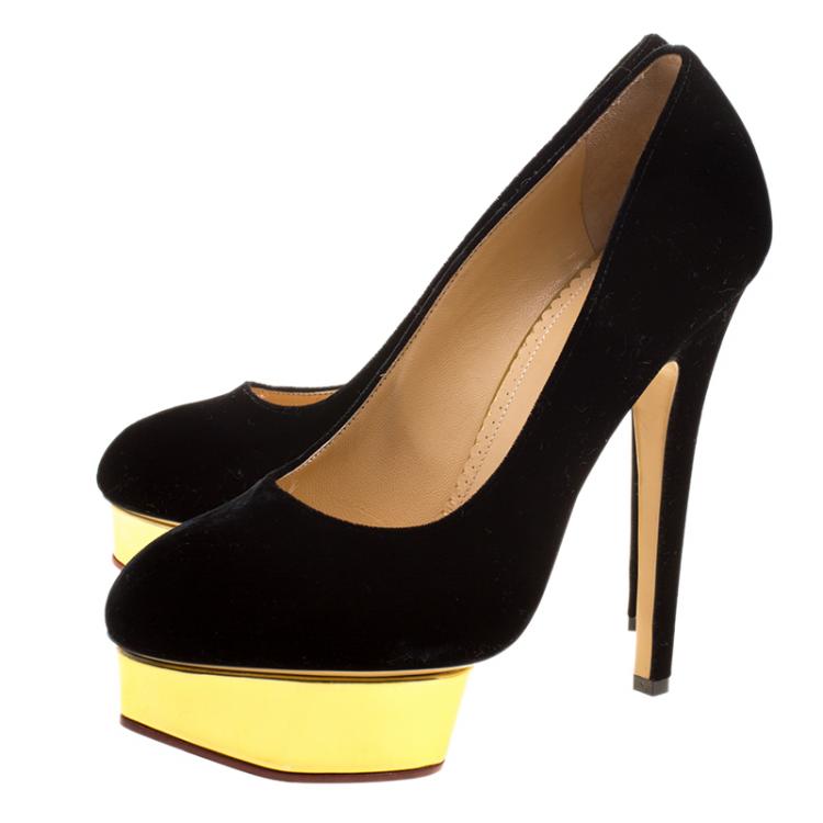 مملوكة مسبقًا Charlotte Olympia Black Velvet Dolly Platform Pumps Size 40